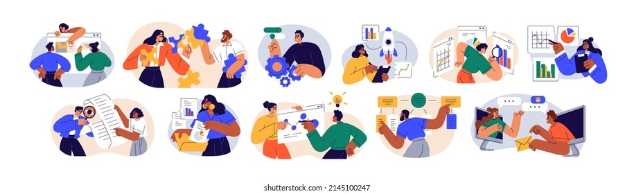 Business concepts of analytics, planning, marketing research, work communication, goal settings. People launching projects, studying reports. Flat vector illustrations isolated on white background.
