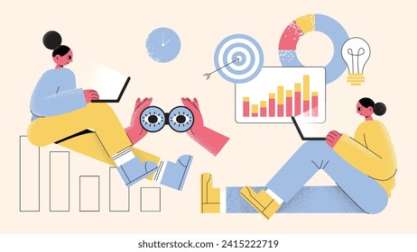 Business concepts of analytics, planning, marketing research, work communication, goal settings. People launching projects, studying reports. Flat vector illustrations isolated on background.