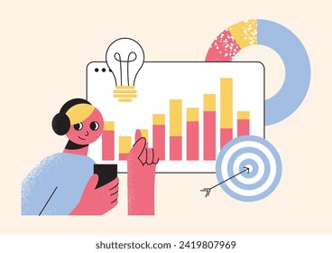 Business concepts of analytics, planning, marketing research, work communication, goal settings. People launching projects, studying reports. Flat vector illustrations isolated on background.