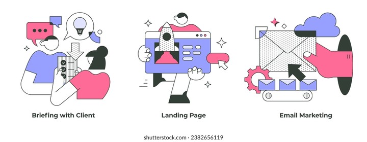 Business concepts of building campaign strategy include the process of communication with client, creating landing page, and running email marketing