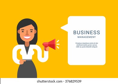 Business Concepts with Businessman Cartoon Character. Businessman with Speech Bubble. Management. Vector Illustration in Flat Design Style