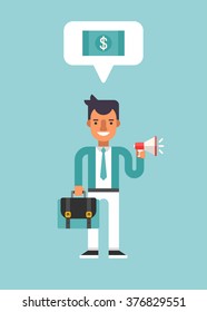 Business Concepts with Businessman Cartoon Character. Businessman with Speech Bubble and Suitcase. Vector Illustration in Flat Design Style