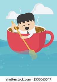 Business concepts businessman who is in a cup of coffee and is rowing with diligence