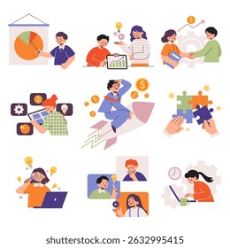 Conceptos de negocio, conjunto de Vector colorido. Trabajo de oficina, comunicación, éxito laboral, desarrollo de estrategia, gestión, planificación, trabajo en equipo, equipo corporativo.