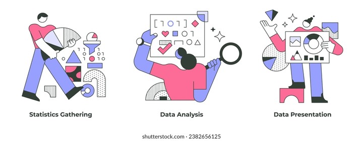 Business concepts of data analysis include scenes of statistics gathering, organizing, analyzing and interpreting data, and communicating analyzed date in clear way