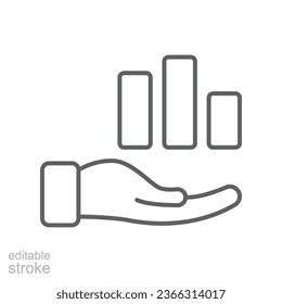 Business Concepts Equity stake line icon. Hand holding graph or chart diagram symbol of Capital analysis Investments to finances. Editable stroke Vector illustration Design on white background. EPS 10