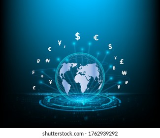 Business concepts, finance, money transfers, world currency changes, and blue financial networks