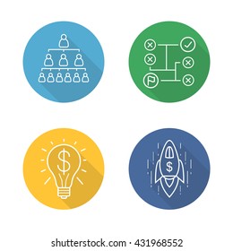Business concepts flat linear long shadow icons set. Company hierarchy, leadership, problem solving, successful idea, goal achievement, spaceship with dollar sign. Vector line symbols