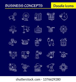 Business Concepts Hand Drawn Icons Set For Infographics, Mobile UX/UI Kit And Print Design. Include: Clipboard, Setting, Gear, Pencil, Monitor, Internet, Setting, Dollar, Collection Modern Infographic