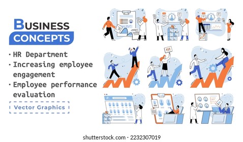 Business concepts human resourses HR department, increasing employee engagement, worker performance evaluation. Personal staff training for business development, motivation for evolution of initiative
