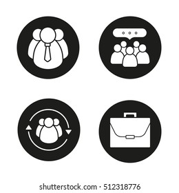 Business concepts icons set. Company employees, teamwork, leadership, team communication and briefcase. Vector white silhouettes illustrations in black circles