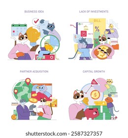 Business concepts illustrated through engaging cat characters in various scenarios. The imagery addresses planning, investment challenges, partnership dealings, and strategies for growth. Represents