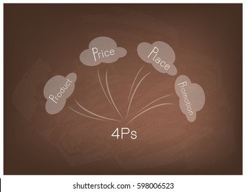 Business Concepts, Illustration of 4Ps Model or Marketing Mix for Management Strategy in Cloud Diagram on Brown Chalkboard. A Foundation Concept in Marketing. 