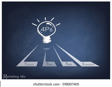 Business Concepts, Illustration of 4Ps Model or Marketing Mix Diagram for Management Strategy with Light Bulb on Black Chalkboard. A Foundation Concept in Marketing. 