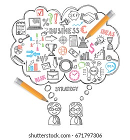 Business concepts illustrations in hand drawn style. Vector doodles set. Business doodle sketch arrow and scheme strategy