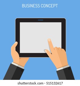 Business Concepts Man Holding Tablet PC Similar To Ipad Horizontal In Hand And Touching Blank Screen. Isolated Vector Flat Icon Illustration