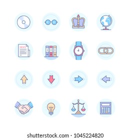 Business concepts - modern line design style icons set in blue round frame. Main metaphors on theme. CD, crown, glasses, arrows, handshake, scales, calculator, watch, globe, folders, clip, newspaper