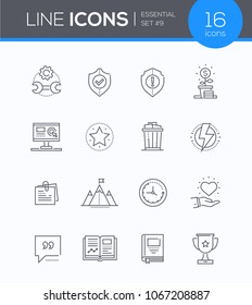 Business concepts - modern line design style icons set. Main metaphors, notepad, recycle bin, mountain top, money growing, monitor, trophy, quotation marks, shield, lightning