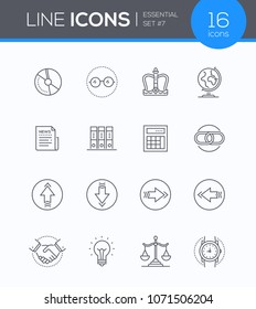 Business concepts - modern line design style icons set. Main metaphors on theme. CD, crown, glasses, arrows, handshake, scales, calculator, watch, globe, folders, clip, newspaper