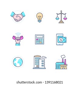 Business concepts - modern line design style icons set on white background. High quality pink, blue images with handshake, scales, lightbulb, calculator, globe, factory, building, smartphone, call
