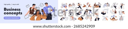 Business concepts, office work, professional icons set. Job success, communication, management, planning, developing strategy, corporate team. Flat vector illustration isolated on white background