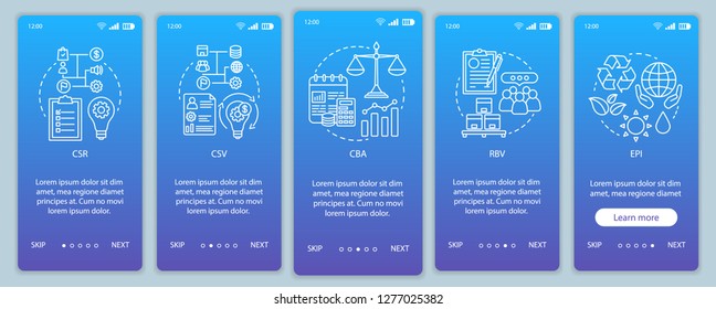 Business concepts onboarding mobile app page screen vector template. CSR. Corporate principles. Business ethics. Walkthrough website steps with linear illustrations. UX, UI, GUI smartphone interface 