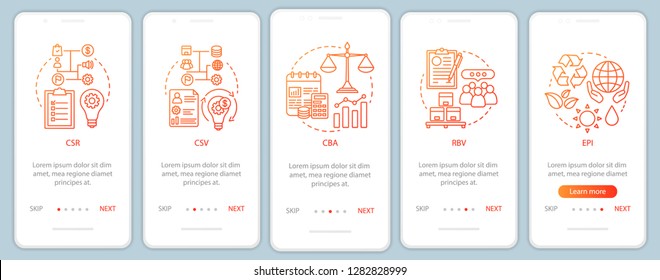 Business Concepts, Principles Onboarding Mobile App Page Screen Template. CSR. Corporate Citizenship. Business Ethics. Walkthrough Website. Sustainable Development. UX, UI, GUI Smartphone Interface