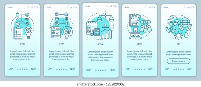 Business Concepts, Principles Onboarding Mobile App Page Screen Template. CSR. Corporate Citizenship. Business Ethics. Walkthrough Website. Sustainable Development. UX, UI, GUI Smartphone Interface