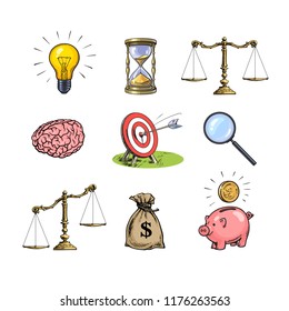 Business concepts set. Light bulb, hourglass, scales, brain, target, magnifying glass, sack of dollars, piggy bank. Synbols of idea, time, choice, goal, success, search, money. Hand drawn vector.