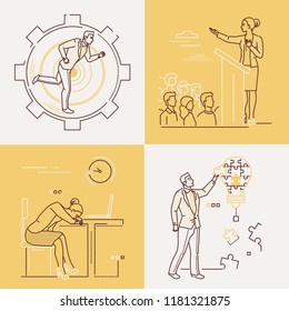 Business concepts - set of line design style illustrations on white and yellow background. Four images of a confident woman and man. Creativity, public speech, tired worker, ambitions themes