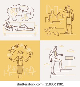 Business concepts - set of line design style illustrations on white and yellow background. Four images of a confident woman and man. Multitasking, decision making, planning, career growth themes