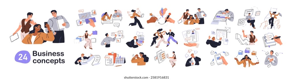 Business concepts set. Office work, professional icons. Communication, job success, developing strategy, management, planning, corporate team. Flat vector illustration isolated on white background