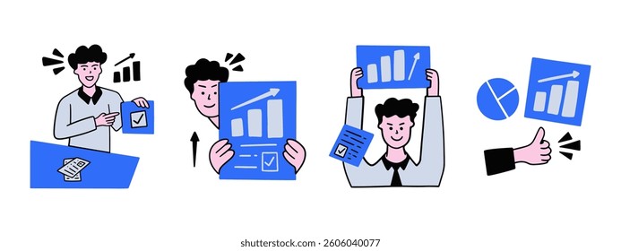 Business concepts set. Office work, professional icons. Communication, job success, developing strategy, management, planning, corporate team. isolated on white background