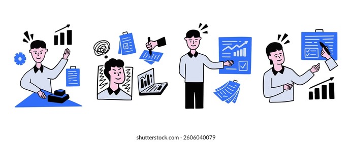 Business concepts set. Office work, professional icons. Communication, job success, developing strategy, management, planning, corporate team. isolated on white background