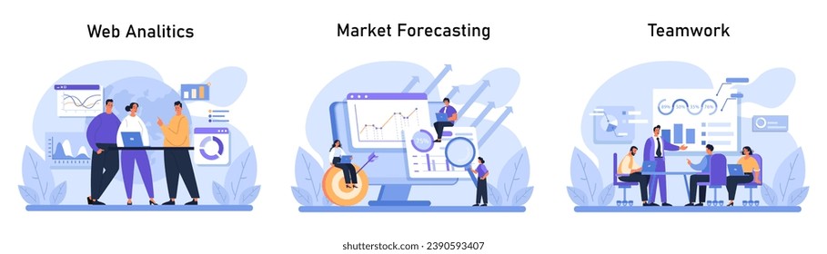 Business Concepts set. Professionals analyze web trends, predict market growth, and collaborate on charts. Web insights. Future predictions. Cohesive teams. Flat vector.