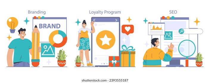 Business Concepts set. Seamless procurement process, engaging B2B marketing strategies, and compelling value proposition. Shopping, data analytics, diamond offer. Flat vector illustration