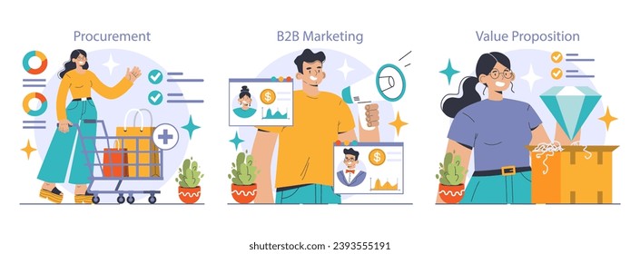 Business Concepts set. Seamless procurement process, engaging B2B marketing strategies, and compelling value proposition. Shopping, data analytics, diamond offer. Flat vector illustration