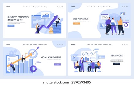 Conjunto de conceptos empresariales. Una serie de ilustraciones que muestran varios escenarios de negocios. Profesionales que mejoran la eficiencia, analizan datos web, alcanzan objetivos y colaboran en equipos. Vector plano