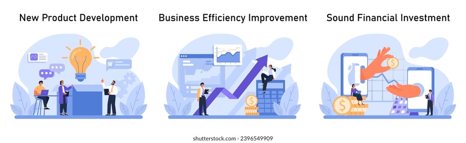 Business Concepts Set. Teams brainstorming a new product, professionals boosting efficiency with data, and savvy investors maximizing returns. Dedication meets innovation. Flat vector.