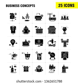 Business Concepts Solid Glyph Icons Set For Infographics, Mobile UX/UI Kit And Print Design. Include: Open Board, Board, Shop, Mall, Collection Modern Infographic Logo and Pictogram. - Vector