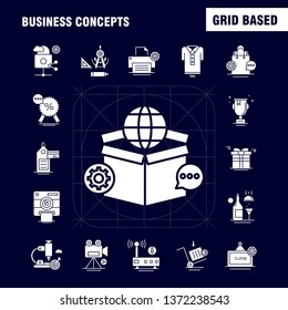 Business Concepts Solid Glyph Icons Set For Infographics, Mobile UX/UI Kit And Print Design. Include: Open Board, Board, Shop, Mall, Calendar, Date, Months, Collection Modern Infographic Logo and Pict