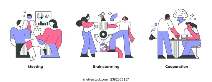 Business concepts of teamwork include scenes of productive meetings, brainstorming, cooperation in problem-solving, and support between colleagues in pursuit of shared goals