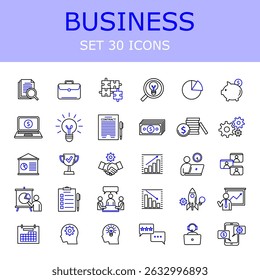 Conceptos de negocio conjunto de iconos de Vector. Trabajo de oficina, comunicación, éxito laboral, desarrollo de estrategia, gestión, planificación, trabajo en equipo, equipo corporativo.
