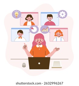 Ilustração vetorial de conceitos empresariais. Trabalho no escritório, comunicação, sucesso no trabalho, estratégia de desenvolvimento, gerenciamento, planejamento, trabalho em equipe, equipe corporativa.