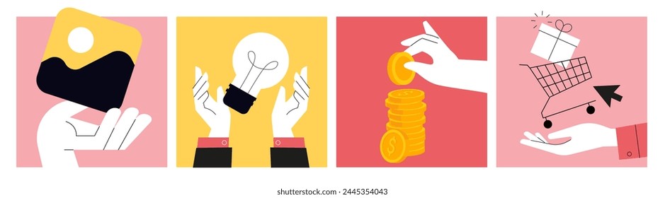 Business concepts. Vector illustrations of photo gallery, image editing, creative idea, investment, shopping. Creative concepts for web banner, social media, business presentation, marketing.