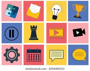 Business concepts. Vector illustrations puzzle of video and email marketing, social media, video streaming, cup trophy social network, gift box, vector illustrations design