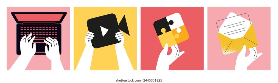 Business concepts. Vector illustrations of video and email marketing, video streaming, social network, using a laptop. Creative concepts for web banner, social media, business presentation, marketing.