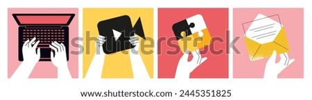 Business concepts. Vector illustrations of video and email marketing, video streaming, social network, using a laptop. Creative concepts for web banner, social media, business presentation, marketing.