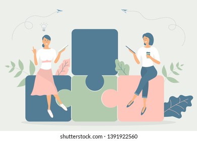 Business concept,team metaphor:people sit on puzzles, read book,work on tablet,have a cup of coffee.Vector illustration flat design style.Symbol of teamwork, cooperation, partnership,coworking