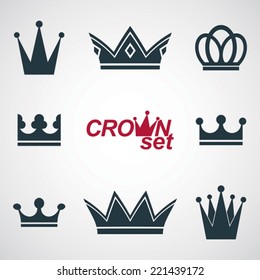 Business conceptual icons, can be used in graphic and web design. Set of vector vintage crowns, luxury ornate coronet illustration. Collection of royal luxury design element.